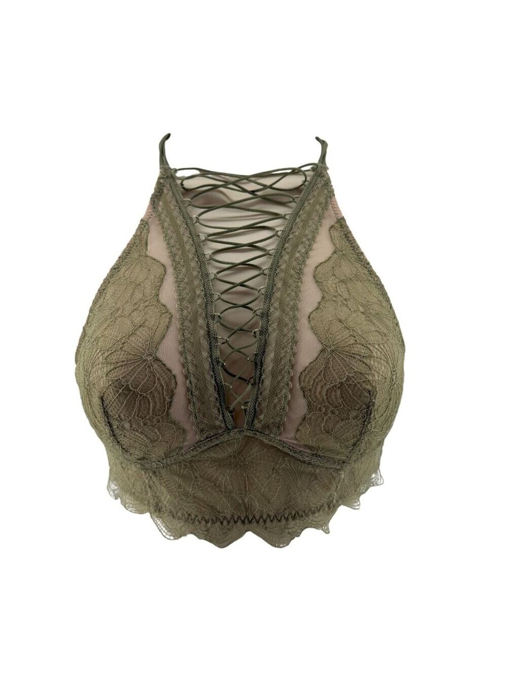 Victoria's Secret Very Lace-up High Neck Bralette Olive Lace Bra Small